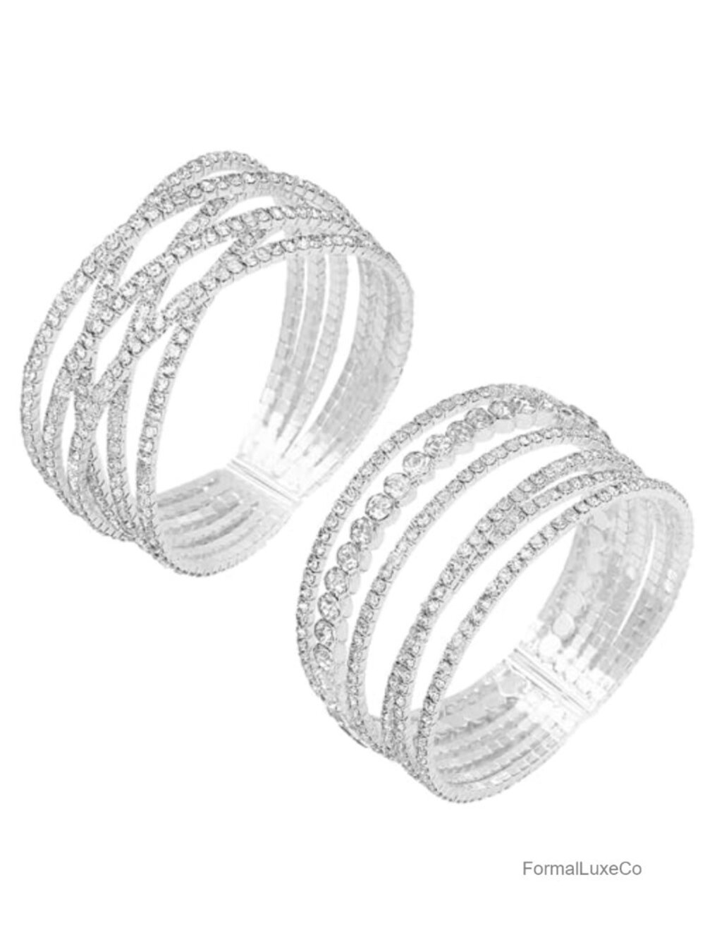 2 Pcs Silver Cubic Zirconia Cuff Bracelets Multilayer Adjustable Wedding Party